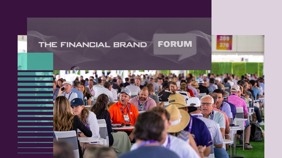 A cover image for the Financial Services events in the US blog showing the Financial Brand Forum logo and a group of people in meetings, outside.
