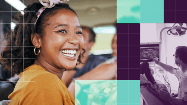 Woman smiling with a background image of something at a dental checkup.