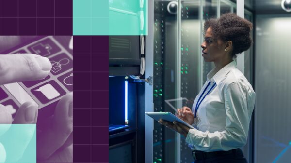 A collage of images featuring a professional woman looking at servers and a close up of someone clicking on a smartphone.