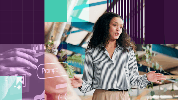 A cover photo for a blog on AI and Thought Leadership. There is a woman presenting something and an image of the ChatGPT interface