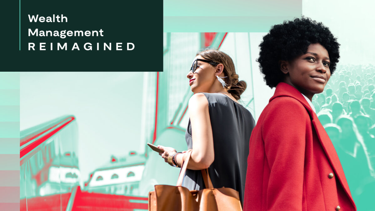 Two women with their backs to each other standing against a skyscraper background
